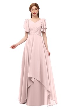 ColsBM Bailee Pastel Pink Bridesmaid Dresses Floor Length A-line Elegant Half Backless Short Sleeve V-neck