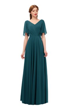 ColsBM Storm Blue Green Bridesmaid Dresses Lace up V-neck Short Sleeve Floor Length A-line Glamorous