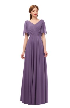 ColsBM Storm Chinese Violet Bridesmaid Dresses Lace up V-neck Short Sleeve Floor Length A-line Glamorous