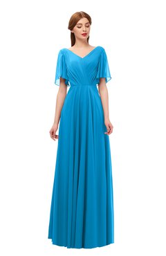 ColsBM Storm Cornflower Blue Bridesmaid Dresses Lace up V-neck Short Sleeve Floor Length A-line Glamorous