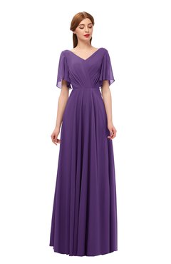 ColsBM Storm Dark Purple Bridesmaid Dresses Lace up V-neck Short Sleeve Floor Length A-line Glamorous
