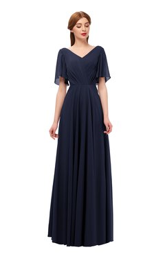 ColsBM Storm Dark Sapphire Bridesmaid Dresses Lace up V-neck Short Sleeve Floor Length A-line Glamorous