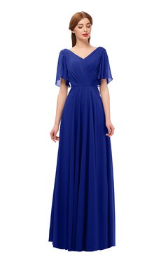 ColsBM Storm Electric Blue Bridesmaid Dresses Lace up V-neck Short Sleeve Floor Length A-line Glamorous