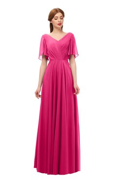 ColsBM Storm Fuschia Bridesmaid Dresses Lace up V-neck Short Sleeve Floor Length A-line Glamorous
