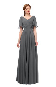 ColsBM Storm Grey Bridesmaid Dresses Lace up V-neck Short Sleeve Floor Length A-line Glamorous