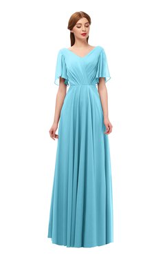 ColsBM Storm Light Blue Bridesmaid Dresses Lace up V-neck Short Sleeve Floor Length A-line Glamorous