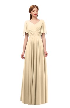 ColsBM Storm Marzipan Bridesmaid Dresses Lace up V-neck Short Sleeve Floor Length A-line Glamorous