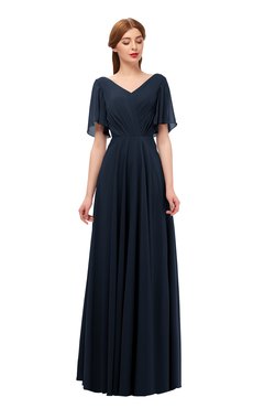 ColsBM Storm Navy Blue Bridesmaid Dresses Lace up V-neck Short Sleeve Floor Length A-line Glamorous