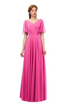 ColsBM Storm Rose Pink Bridesmaid Dresses Lace up V-neck Short Sleeve Floor Length A-line Glamorous