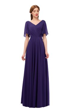 ColsBM Storm Royal Purple Bridesmaid Dresses Lace up V-neck Short Sleeve Floor Length A-line Glamorous