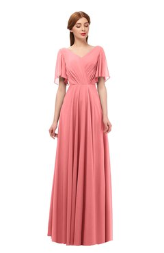 ColsBM Storm Shell Pink Bridesmaid Dresses Lace up V-neck Short Sleeve Floor Length A-line Glamorous