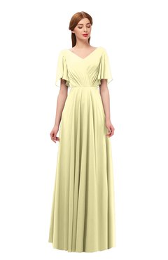 ColsBM Storm Soft Yellow Bridesmaid Dresses Lace up V-neck Short Sleeve Floor Length A-line Glamorous