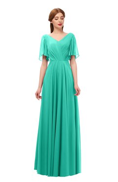 ColsBM Storm Viridian Green Bridesmaid Dresses Lace up V-neck Short Sleeve Floor Length A-line Glamorous