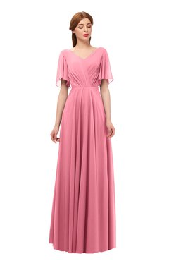 ColsBM Storm Watermelon Bridesmaid Dresses Lace up V-neck Short Sleeve Floor Length A-line Glamorous