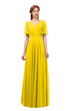 ColsBM Storm Yellow Bridesmaid Dresses Lace up V-neck Short Sleeve Floor Length A-line Glamorous