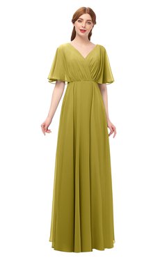 ColsBM Allyn Golden Olive Bridesmaid Dresses A-line Short Sleeve Floor Length Sexy Zip up Pleated