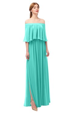 ColsBM Clair Blue Turquoise Bridesmaid Dresses Glamorous Zipper Ruching Floor Length Off The Shoulder Short Sleeve