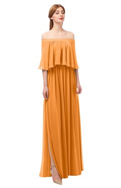 ColsBM Clair Orange Bridesmaid Dresses Glamorous Zipper Ruching Floor Length Off The Shoulder Short Sleeve