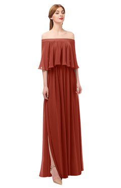 ColsBM Clair Rust Bridesmaid Dresses Glamorous Zipper Ruching Floor Length Off The Shoulder Short Sleeve