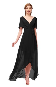 ColsBM Taegan Black Bridesmaid Dresses Hi-Lo Ribbon Short Sleeve V-neck Modern A-line