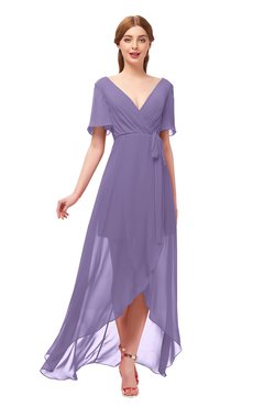 ColsBM Taegan Chalk Violet Bridesmaid Dresses Hi-Lo Ribbon Short Sleeve V-neck Modern A-line