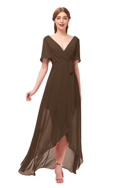 ColsBM Taegan Chocolate Brown Bridesmaid Dresses Hi-Lo Ribbon Short Sleeve V-neck Modern A-line