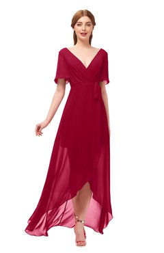 ColsBM Taegan Dark Red Bridesmaid Dresses Hi-Lo Ribbon Short Sleeve V-neck Modern A-line