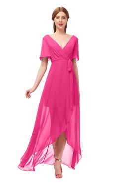 ColsBM Taegan Fandango Pink Bridesmaid Dresses Hi-Lo Ribbon Short Sleeve V-neck Modern A-line