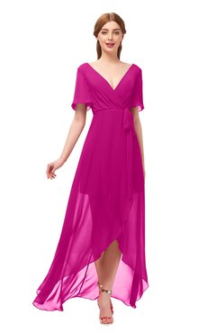 ColsBM Taegan Hot Pink Bridesmaid Dresses Hi-Lo Ribbon Short Sleeve V-neck Modern A-line