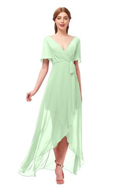 ColsBM Taegan Light Green Bridesmaid Dresses Hi-Lo Ribbon Short Sleeve V-neck Modern A-line