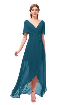 ColsBM Taegan Moroccan Blue Bridesmaid Dresses Hi-Lo Ribbon Short Sleeve V-neck Modern A-line