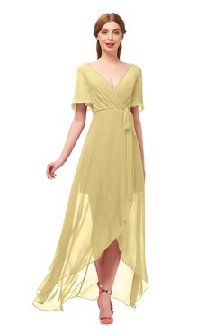 ColsBM Taegan New Wheat Bridesmaid Dresses Hi-Lo Ribbon Short Sleeve V-neck Modern A-line