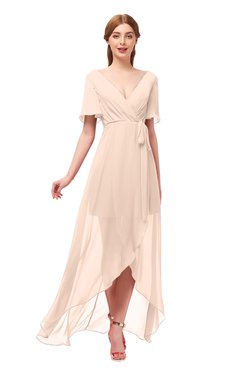 ColsBM Taegan Peach Puree Bridesmaid Dresses Hi-Lo Ribbon Short Sleeve V-neck Modern A-line