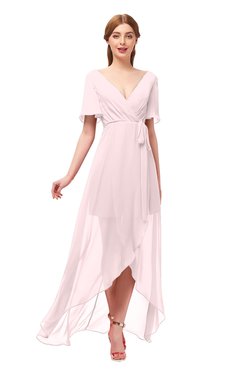 ColsBM Taegan Petal Pink Bridesmaid Dresses Hi-Lo Ribbon Short Sleeve V-neck Modern A-line