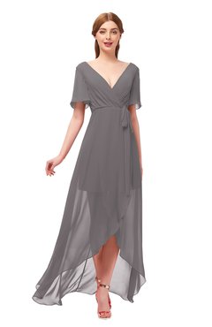 ColsBM Taegan Ridge Grey Bridesmaid Dresses Hi-Lo Ribbon Short Sleeve V-neck Modern A-line