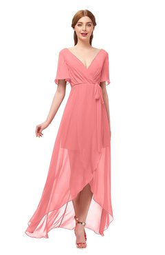 ColsBM Taegan Shell Pink Bridesmaid Dresses Hi-Lo Ribbon Short Sleeve V-neck Modern A-line