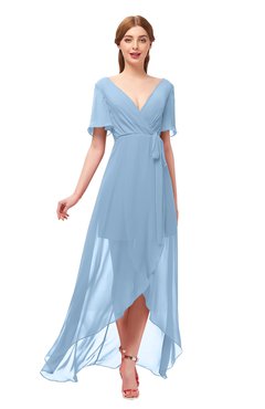 ColsBM Taegan Sky Blue Bridesmaid Dresses Hi-Lo Ribbon Short Sleeve V-neck Modern A-line