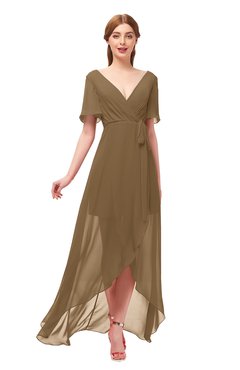 ColsBM Taegan Truffle Bridesmaid Dresses Hi-Lo Ribbon Short Sleeve V-neck Modern A-line