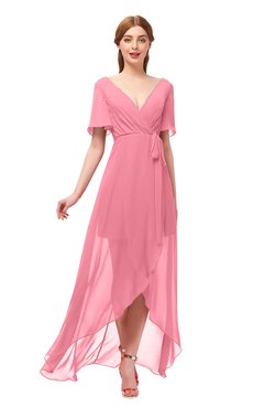 ColsBM Taegan Watermelon Bridesmaid Dresses Hi-Lo Ribbon Short Sleeve V-neck Modern A-line