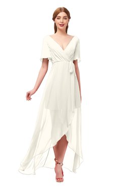 ColsBM Taegan Whisper White Bridesmaid Dresses Hi-Lo Ribbon Short Sleeve V-neck Modern A-line