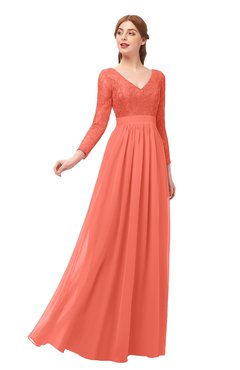 ColsBM Cyan Fusion Coral Bridesmaid Dresses Sexy A-line Long Sleeve V-neck Backless Floor Length