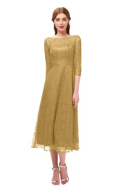 ColsBM Lauryn Gold Bridesmaid Dresses A-line Lace Cute Tea Length Sabrina Three-fourths Length Sleeve