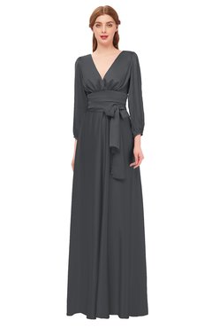 ColsBM Martha Asphalt Bridesmaid Dresses Floor Length Ruching Zip up V-neck Long Sleeve Glamorous