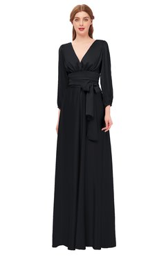 ColsBM Martha Black Bridesmaid Dresses Floor Length Ruching Zip up V-neck Long Sleeve Glamorous