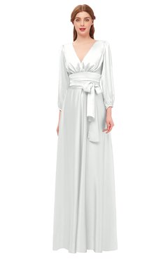 ColsBM Martha Blanc De Blanc Bridesmaid Dresses Floor Length Ruching Zip up V-neck Long Sleeve Glamorous