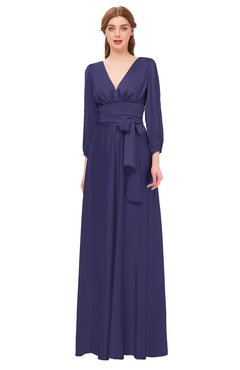 ColsBM Martha Blue Ribbon Bridesmaid Dresses Floor Length Ruching Zip up V-neck Long Sleeve Glamorous