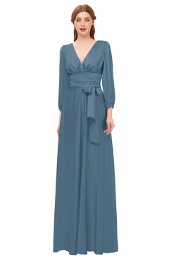 ColsBM Martha Bluestone Bridesmaid Dresses Floor Length Ruching Zip up V-neck Long Sleeve Glamorous