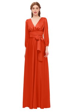 ColsBM Martha Cherry Tomato Bridesmaid Dresses Floor Length Ruching Zip up V-neck Long Sleeve Glamorous