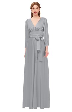 ColsBM Martha Cloud Gray Bridesmaid Dresses Floor Length Ruching Zip up V-neck Long Sleeve Glamorous