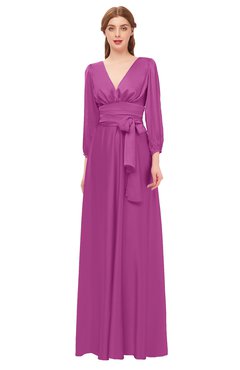 ColsBM Martha Festival Fuchsia Bridesmaid Dresses Floor Length Ruching Zip up V-neck Long Sleeve Glamorous